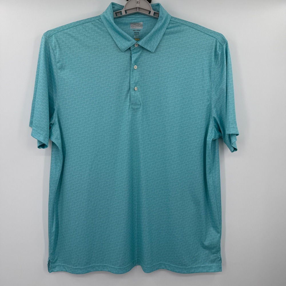 Greg Norman Mens XXL ML75 Play Dry‎ Golf Polo Shirt Teal Blue Shark Print Short